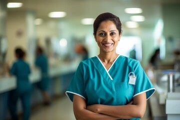 Fototapeta premium Portrait of a smiling middle aged Indian nurse in hospital