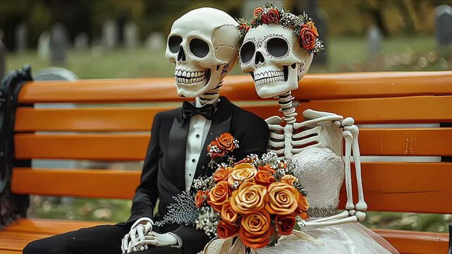 Dia de los Muertos party: of a couple, skeleton groom, arm around the bride sitting on a park bench, a poster for the day of the dead