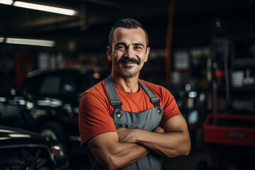 Obraz premium Portrait of a middle aged male car mechanic in workshop