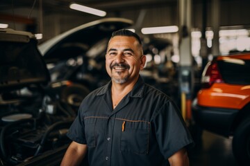 Fototapeta premium Portrait of a middle aged male car mechanic in workshop