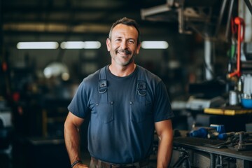 Portrait of a middle aged male car mechanic in workshop