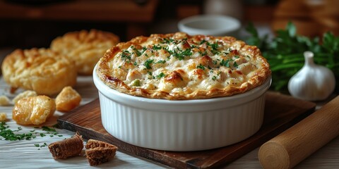 Creamy Chicken Pot Pie in White Ramekin with Parsley Garnish