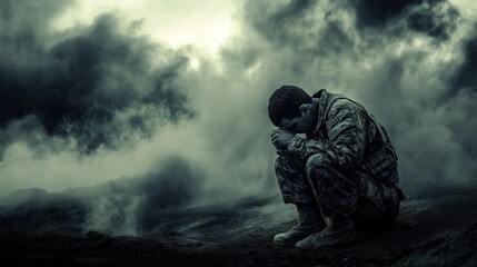 A sad and tired soldier sitting.