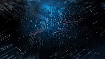 Obraz premium Abstract digital network circuit board background banner with glowing light and connecting data dots in blue and black colors. Big data technology concept.
