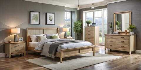 Fototapeta premium Soft morning light illuminates a serene bedroom, where a sleek Carlton bed frame dominates the space, paired with