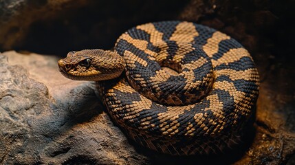 Fototapeta premium A viper coiled on a rock, with its zigzag pattern clearly visible, ready to strike.