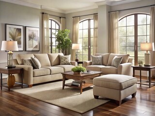 Obraz premium Soft neutral hues define this living room furniture set, featuring a plush couch, matching armchairs, and a stylish