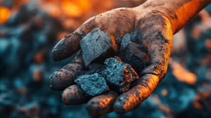 Worker hand holding coal pieces with a blurred background. Energy resource and industrial material concept.