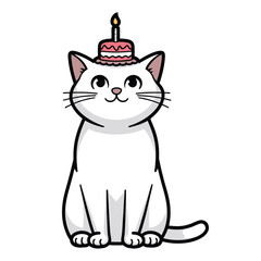Obraz premium Charming white cat celebrating with a pink birthday cake