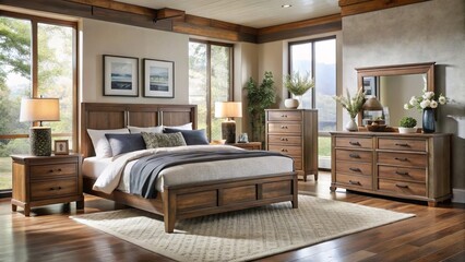 Fototapeta premium Soft, plush beds and gentle curves create a serene atmosphere in this stylish bedroom furniture, perfect for a