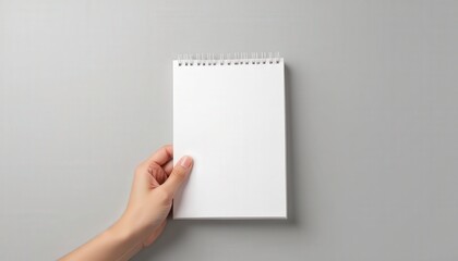 Hand holding a blank paper notepad isolated on a neutral gray background