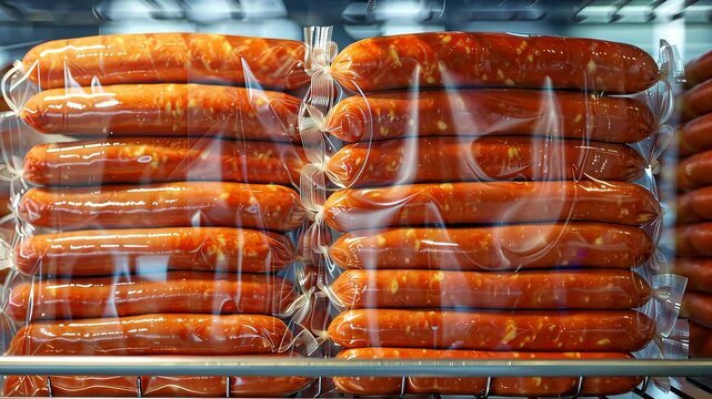 Vacuum packed sausages on display shelf, food preservation concept