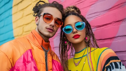 Vibrant couple in colorful sunglasses and trendy streetwear against a colorful wall