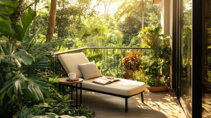 Fototapeta premium A sunny balcony with a sun lounger, a small side table with a book and a cup of coffee, overlooking a lush garden.