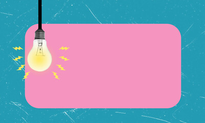 An art collage with a light bulb and a message bubble on a blue background.