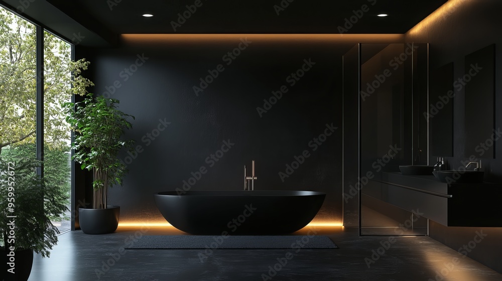 Wall mural a sleek and modern bathroom in black with minimalist design. the 3d rendering highlights the clean l