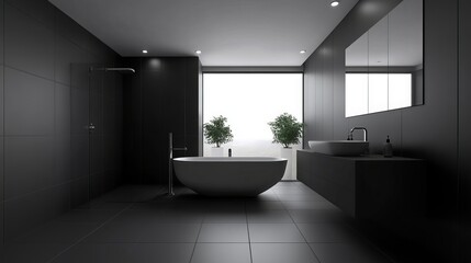 A sleek and modern bathroom in black with minimalist design. The 3D rendering highlights the clean lines and simple shapes. 