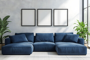 Modern interior with empty frames for set of 3 wall art mockup, blue sectional sofa in a bright living room with large windows and plants.