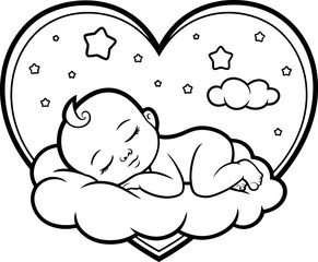 Serene Baby Sleeping Soundly on Fluffy Cloud Outline Illustration