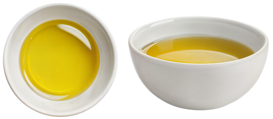 Top and side view of extra-virgin olive oil served in white bowls, isolated on transparent background, perfect for Mediterranean cuisine, healthy cooking visuals, and culinary photography