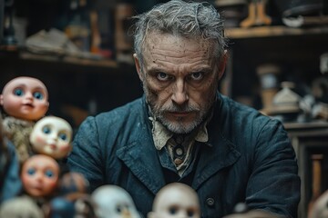 eerie toymaker in dimly lit workshop surrounded by uncanny dolls wildeyed expression gothic horror atmosphere