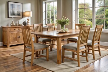 Obraz premium Solid ash wood finish dining table and chairs blend effortlessly with modern or classic interiors, perfect for family