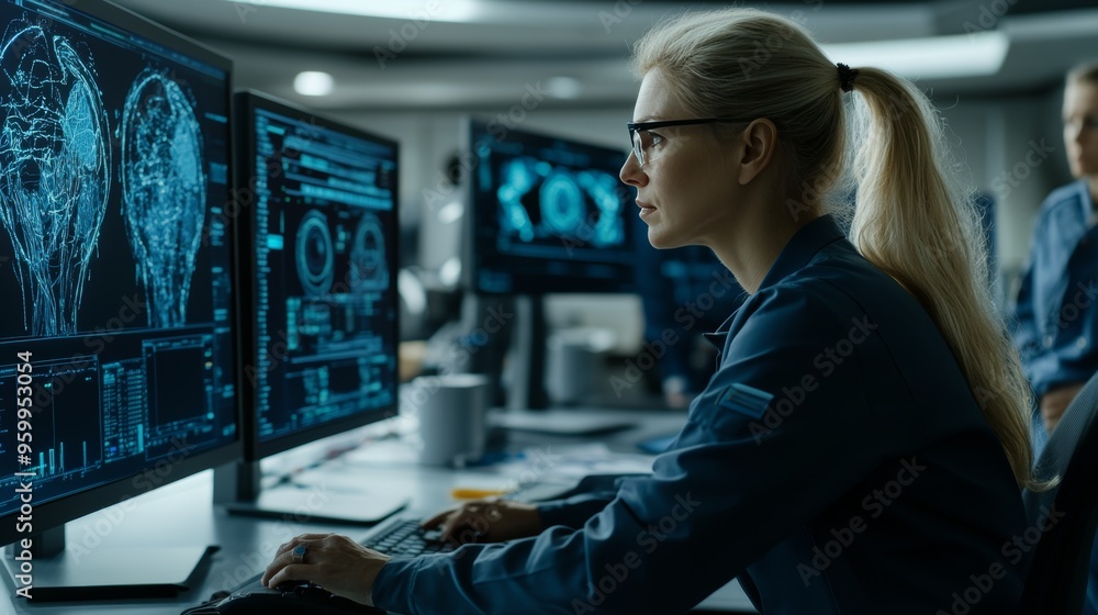 Aufkleber female scientist working at a computer with screens showing brain scans in a modern research center