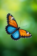 Fototapeta premium Close-up of a vibrant blue and orange butterfly in mid-flight, showcasing its intricate wing patterns and delicate beauty