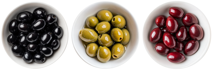 Top view collection of black, green, and red olives served in white bowls, isolated on transparent background, perfect for Mediterranean food visuals, antipasto spreads, and culinary photography