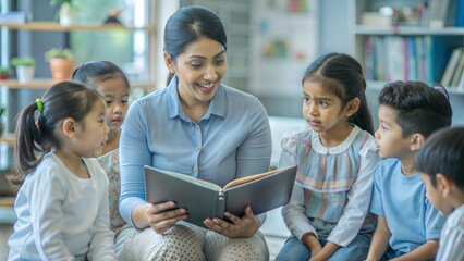 An Indian teacher reading a storybook to children, encouraging imagination and listening skills.