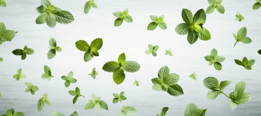 Fototapeta premium Fresh mint leaves artfully scattered on a light backdrop for a vibrant touch