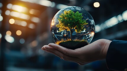 Fototapeta premium Hand supporting a glass globe with a tree and industrial elements, balance of nature and technology, 3D illustration