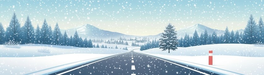 Road through a snowy landscape with animated snowfall, flat design, front view