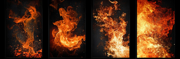 Fototapeta premium Four distinct flame patterns showcased in separate panels, isolated on a black background, presented in high-resolution photography to highlight the intensity and beauty of fire.