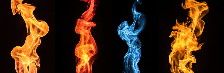Obraz premium Four distinct flame patterns showcased in separate panels, isolated on a black background, presented in high-resolution photography to highlight the intensity and beauty of fire.