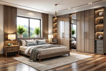 Sophisticated bedroom interior features sleek wardrobe furniture sets arranged in a modern layout, blending