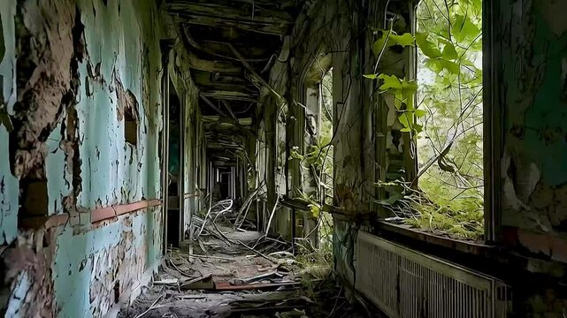 a hallway in an abandoned building .