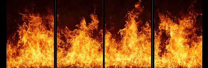 Four distinct flame patterns showcased in separate panels, isolated on a black background, presented in high-resolution photography to highlight the intensity and beauty of fire.