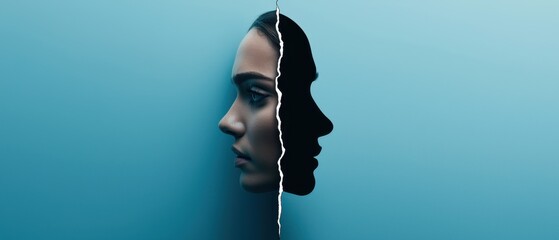 Conceptual Image Depicting Mental Health Issues with a Split Face on a Blue Background