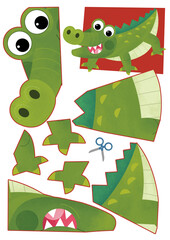 cartoon scene with character puzzle cutout educational exercise manual work with scissors crocodile alligator illustration for children