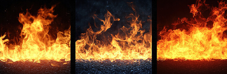 High-resolution photography of four panels, each displaying different flame types, isolated against a black background, capturing detailed and dramatic fire patterns.