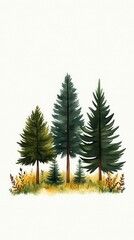 Fototapeta premium A serene illustration of evergreen trees surrounded by lush grass and wildflowers, perfect for nature-themed designs.
