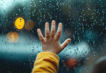 Child's hand touching a rain-covered car window, evening bokeh lights in the background, yellow sweater, emotional moment

