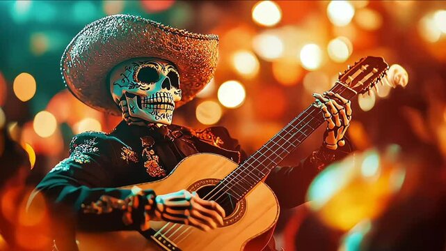 Ghostly skeleton Mariachi band arisen on Halloween and Day of the Dead or Dia de los muertos