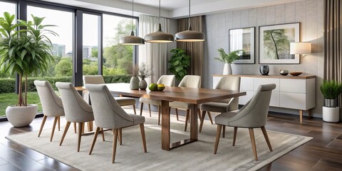 Obraz premium Sophisticated dining table and chairs showcase minimalist style and refined craftsmanship in a generously appointed