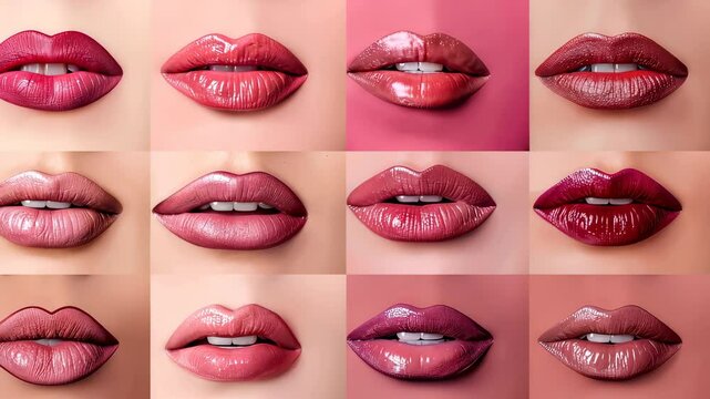 Close-up collage of glossy lips in various shades of pink and red, beauty and cosmetics concept