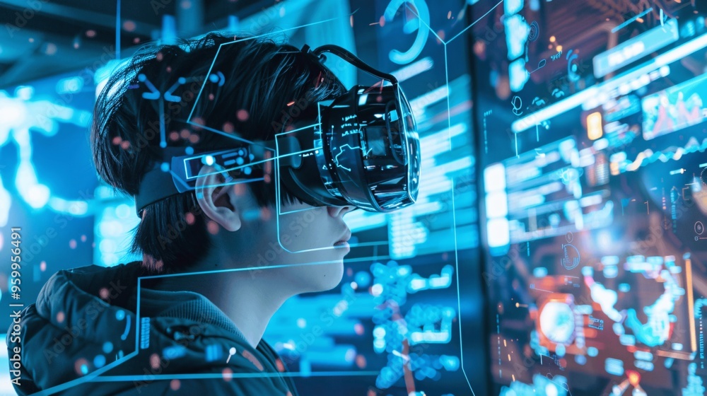 Poster virtual reality user with futuristic interface