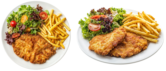 Top and side view of crispy breaded schnitzel served with French fries and fresh mixed salad on white plates, isolated on transparent background, ideal for comfort food, lunch, and dinner visuals