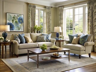 Fototapeta premium Sophisticated gray walls support a stylish sectional sofa, chunky wooden coffee tables, and a plush velvet armchair in