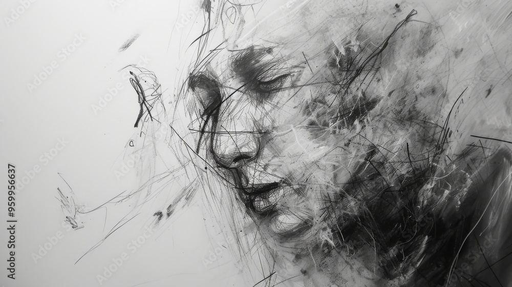 Poster a detailed sketch of a face, rendered with dynamic lines and expressive shading. the monochromatic a